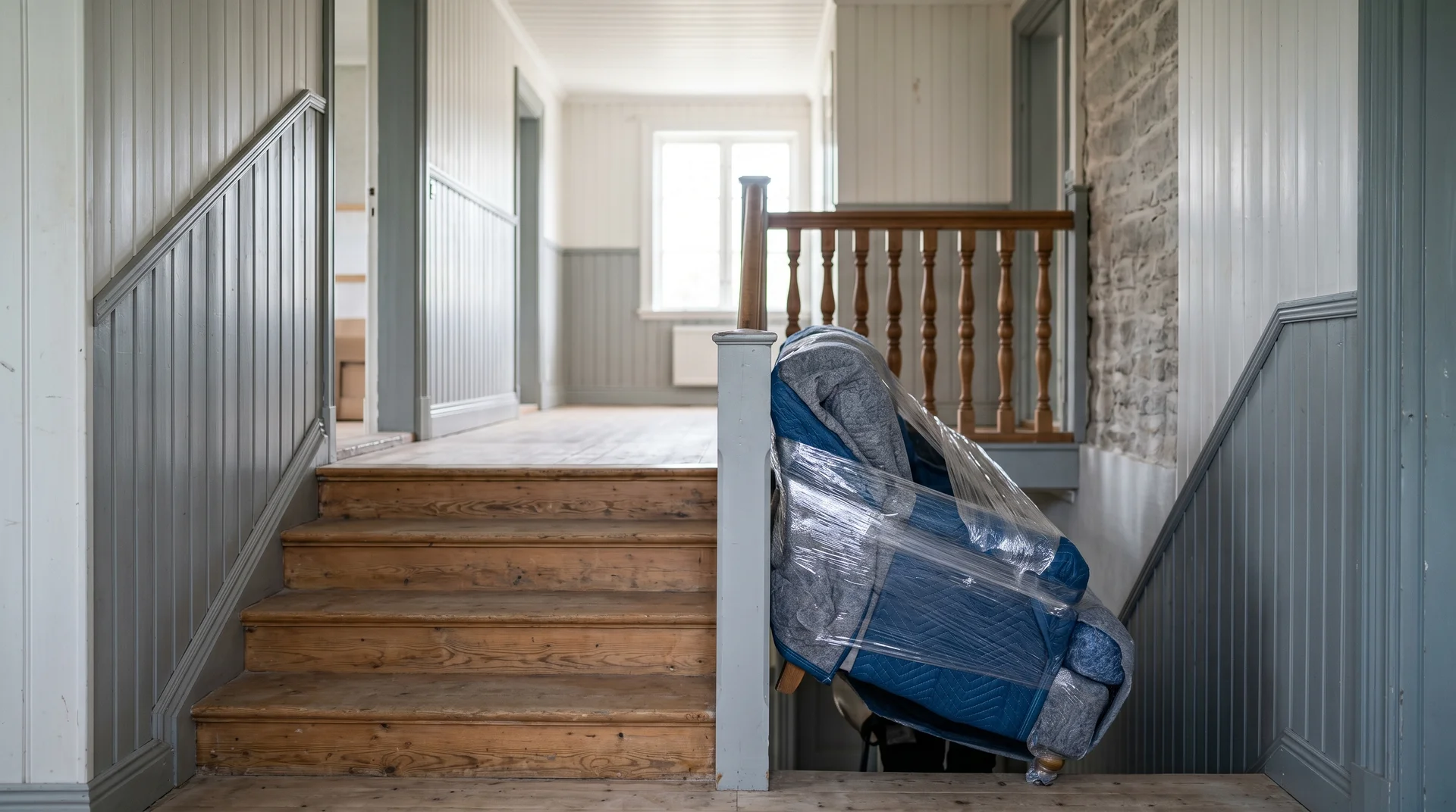 Inplastad fåtölj står vid trappa i hus under renovering.