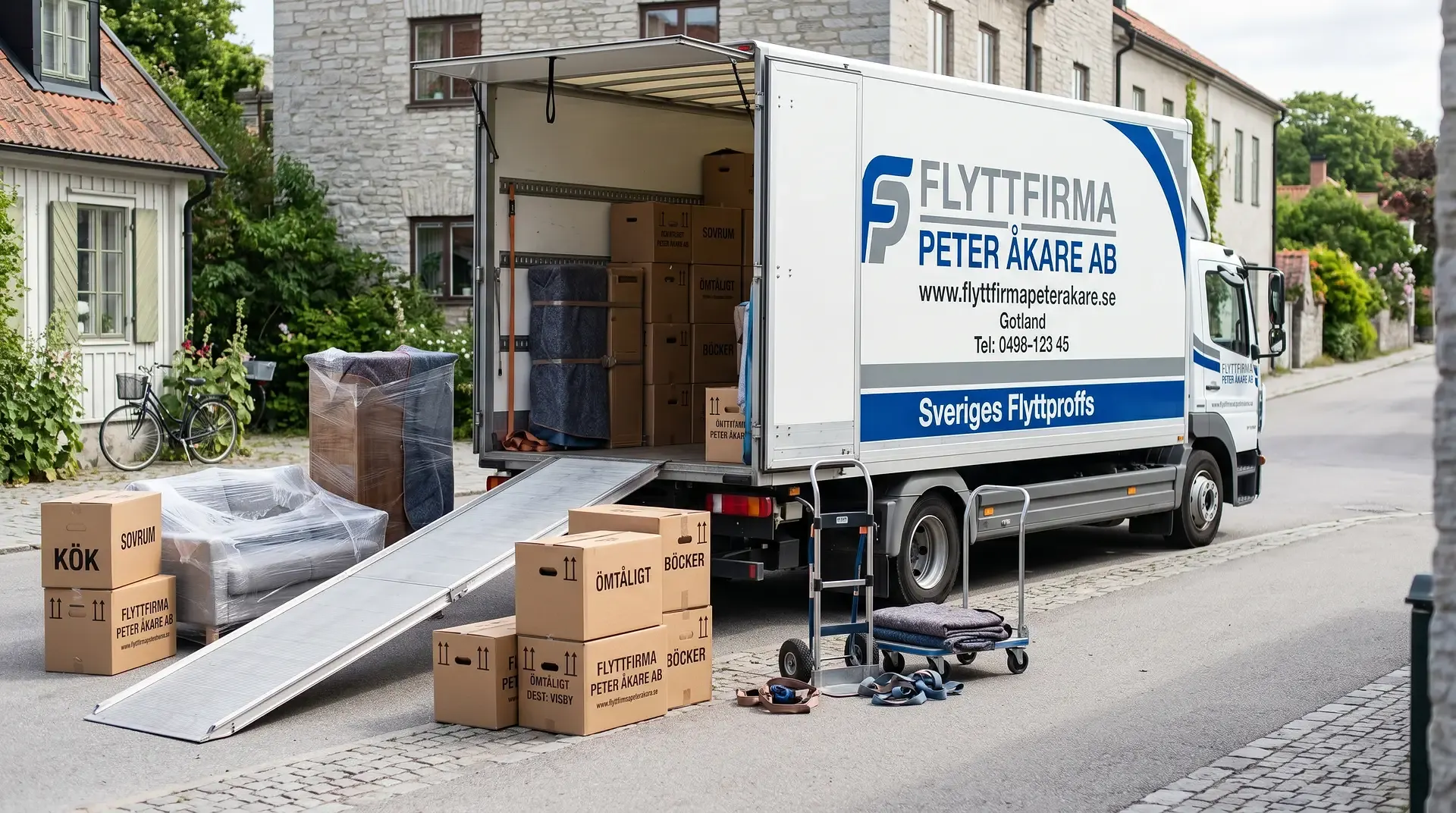 Flyttbil från Flyttfirma Peter Åkare lastar möbler och kartonger på bostadsgata.